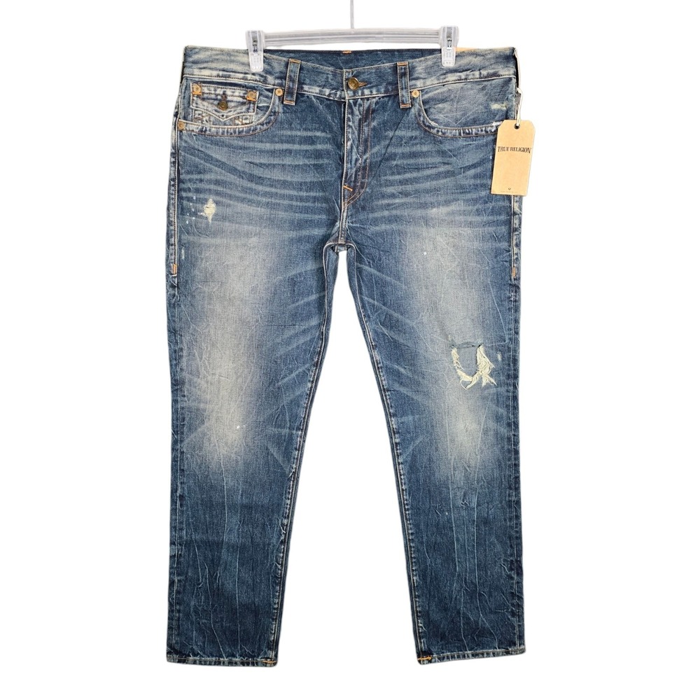 True Religion Jeans Mens 42 Geno Flaps Blue Distressed Relaxed Slim Concrete NEW